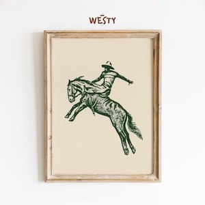 Impressão artística de rodeio de cowboy ocidental – Silhueta de bronco vintage em verde floresta