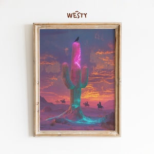 Neon Kaktus Sonnenuntergang – Surreales Wüstencowboy Poster