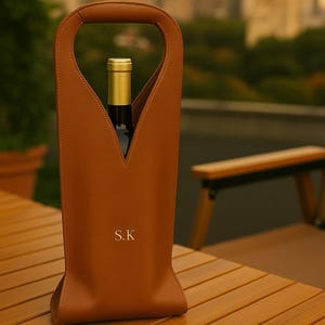 May include: A brown leather wine bottle carrier with a handle, holding a wine bottle with a gold top. The carrier has the initials "S.K" in gold. The background shows a cityscape and a wooden table.