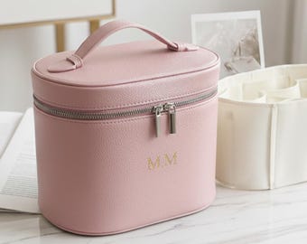 Custom Leather Makeup Bag – Personalized Name Cosmetic Organizer with Removable Dividers, Travel Vanity Case, Gift for Her