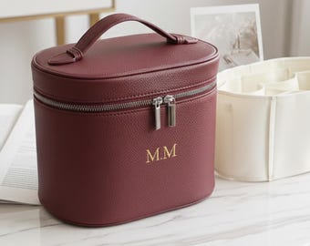 Personalized Leather Cosmetic Bag – Custom Name Makeup Organizer with Removable Divider, Travel Vanity Case, Gift for Women