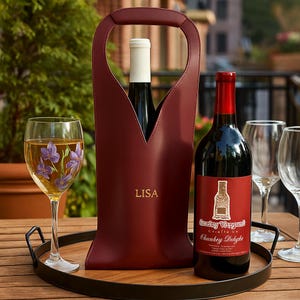 Puede incluir: Un bolso de vino de cuero burdeos con asa, que contiene una botella de vino. Una botella de vino tinto con una etiqueta roja y dos copas de vino están en una bandeja negra. Una copa de vino con un diseño floral también está en la bandeja.