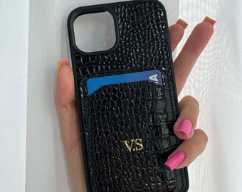 Personalized Croc iPhone Case with Card Holder: Gold Initial Leather Look