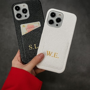 Personalized Leather iPhone Case with Card Holder – Custom Initials, Luxury Protective Cover