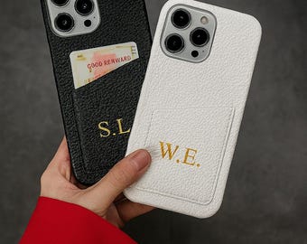 Personalized Leather iPhone Case with Card Holder – Custom Initials, Luxury Protective Cover