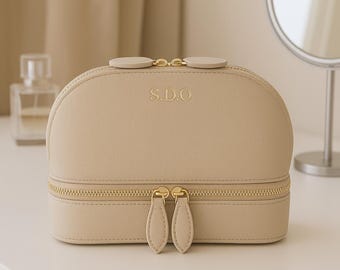 Personalized Travel Makeup Bag: Custom Initials Cosmetic & Jewelry Organizer