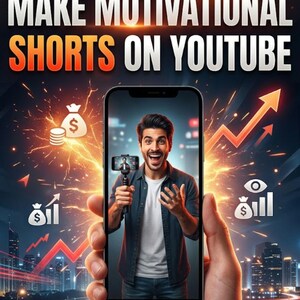 Op de afbeelding: Een digitale afbeelding met de titel THE GUIDE TO MAKE MOTIVATIONAL SHORTS ON YOUTUBE, met een smartphone waarop een persoon met een camera op een statief te zien is. De achtergrond toont een stadsskyline met rode pijlen en geldsymbolen.
