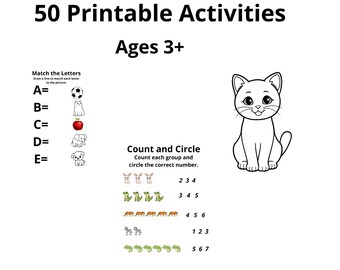 50 Kids Activity Worksheets Printable PDF I Preschool Learning Bundle Ages 3+I Tracing Conting Letters Shapes Matching
