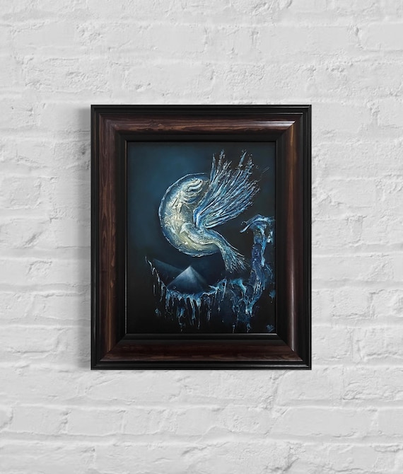 Blue Bird 11x14 Original handmade abstract painting, textured oil on canvas, framed, mixed media