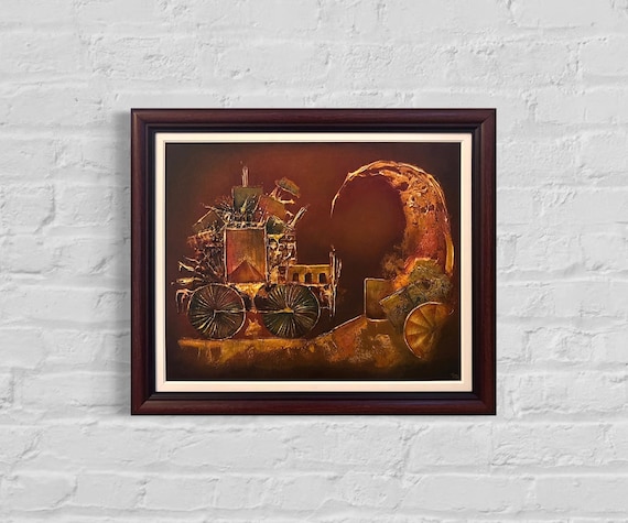 Memory Train 16x20 Original handmade abstract painting, textured oil on canvas, framed