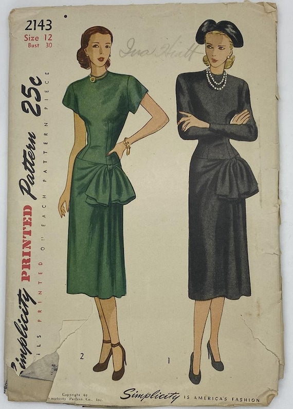 1940s Dress Sewing Pattern - Dress With Overskirt and Hip Detail - Size 12  - Etsy