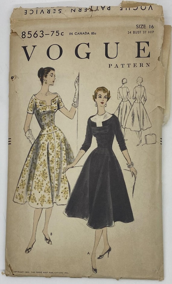 Vintage 1950s Vogue Dress Sewing Pattern - Flared Dress with Detachable  Dickie - Size 16