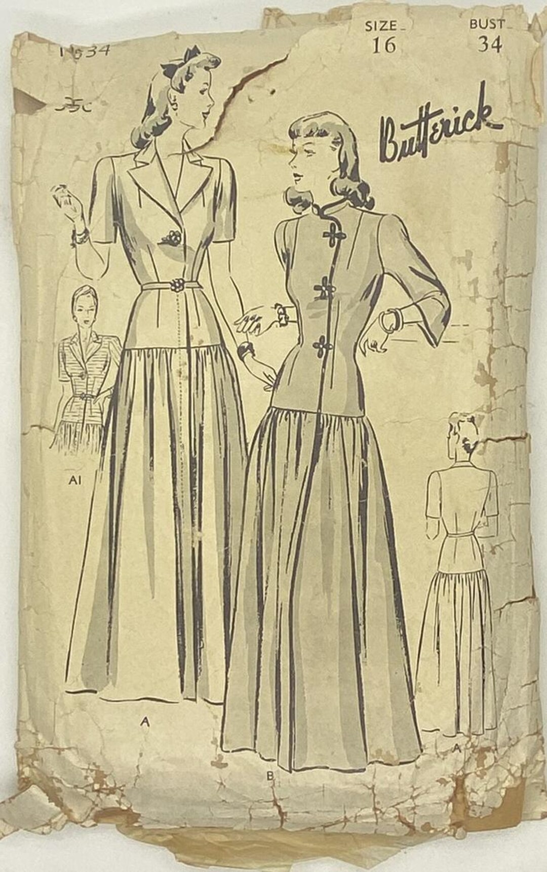 Antique 1940s Butterick Dressing Gown / Robe Sewing Pattern - Size 16 ...