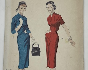 May include: Vintage Butterick printed pattern featuring illustrations of two dresses. One dress is blue with long sleeves, and the other is red with short sleeves. The pattern includes bust size 34 and size 16.