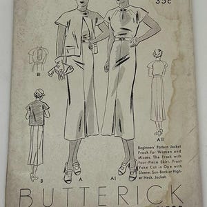 Vintage 1930s Butterick Dress and Jacket  Pattern - Size 14 - Uncut/Factory Folded