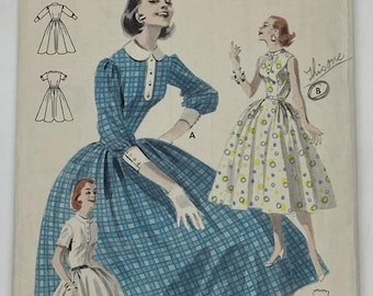 May include: Vintage Butterick printed patterns envelope. The cover features illustrations of women's dresses, including a blue plaid dress and a polka dot dress. The bust size is 34 inches, and the size is 16.