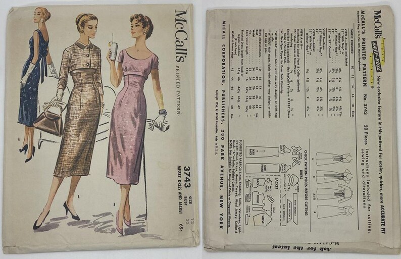Vintage 1950s Sheath Dress and Jacket Pattern - Size 12 - Etsy