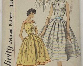 May include: Vintage Simplicity printed sewing pattern, size 13, bust 33 inches. The cover features illustrations of three dresses: a striped dress, a yellow floral dress, and a short-sleeved dress. The text "Simple to make" is also included.