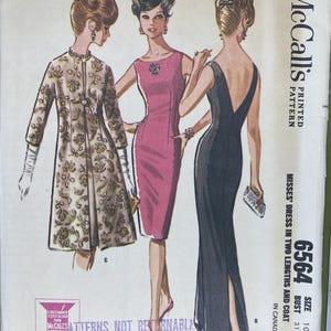 May include: Vintage McCall's printed sewing pattern 6564. The illustration features three women in dresses and a coat. The pattern includes a dress in two lengths and a coat. The bust size is 31 inches, and the size is 10.