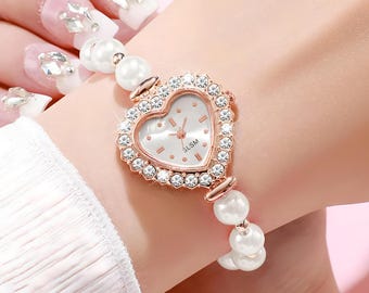 Heart Pearl Bracelet Watch: Rose Gold Crystal Beaded Wristwatch