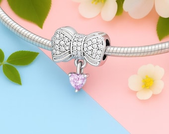 Heart Bow Bead Fits Pandora Charm Bracelet, Pink Crystal Ribbon 