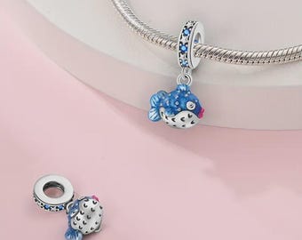 Bracciale con ciondolo a forma di pesce palla blu: gioielli oceanici placcati in argento sterling