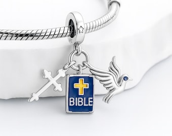 Dije de Biblia, Cruz y Paloma en Plata Esterlina / Compatible con Pandora