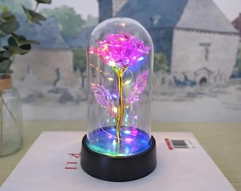 YUEHAO Beauty And The Beast Rose In Glass Dome LED Lights, Enchanted Rose Eternal Rose Silk Set, Romantic Gift for Women, Wedding, Valentine's Day, Mother's Day, Anniversary, Christmas Day