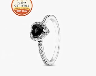 Anillo de plata de ley 925 con corazón negro y banda pavé – Joyería minimalista romántica