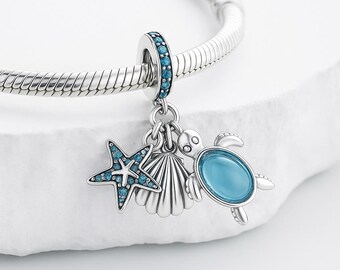 Sterling Silver Ocean Charm : Sea Turtle, Starfish and Seashell