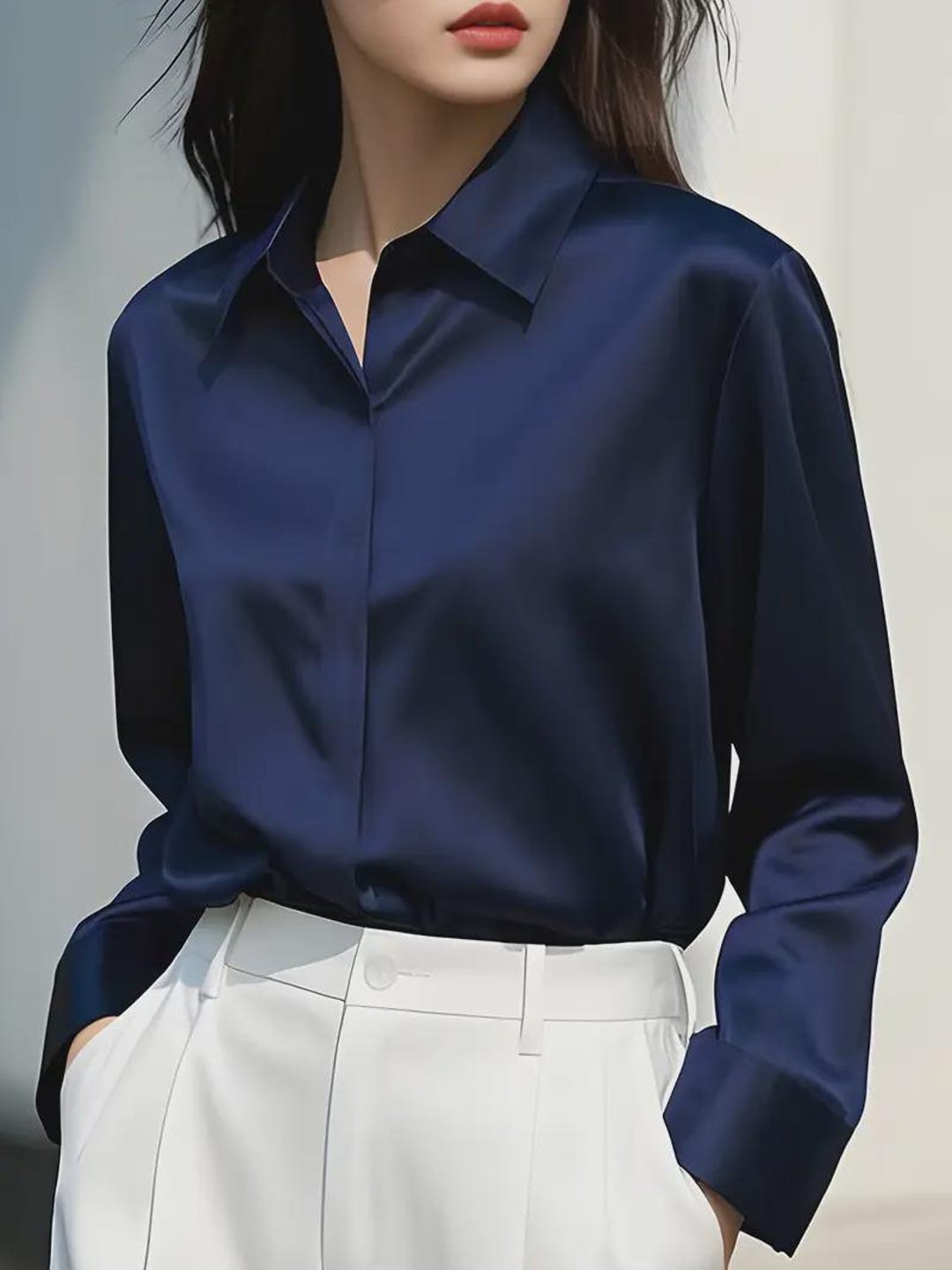 Camisa de seda azul marino de lujo para mujer: blusa de manga - Main Image