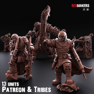 May include: A collection of 3D-printed miniature figures in various poses, featuring a brown color scheme. The figures include warriors with weapons, armor, and helmets. The text "13 UNITS PATREON & TRIBES" is displayed at the bottom.