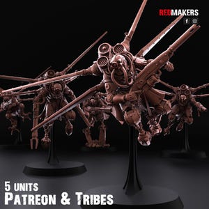 May include: Five brown robotic figures with wings and weaponry, displayed on black stands. The figures have detailed mechanical designs, set against a dark backdrop. The text at the bottom reads "5 UNITS PATREON & TRIBES".