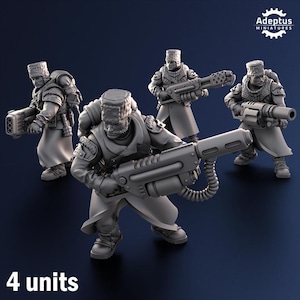 May include: Four gray miniature figures in military-style attire, each holding a weapon. The figures are posed dynamically against a dark blue background. The text "4 units" is at the bottom. The Adeptus Miniatures logo is in the upper right corner.