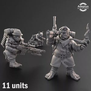 Puede incluir: Figuras en miniatura grises de personajes de fantasía, incluyendo un soldado con un rifle, un soldado con una pipa y un perro. Las figuras son detalladas y tienen un diseño caprichoso. El texto "11 unidades" está en la parte inferior.