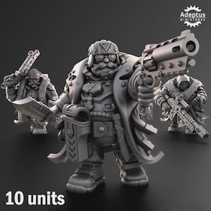 May include: Three grey miniature figures of armoured characters, each holding weapons. The central figure is in a coat and holding a large gun. The figures are on a dark background. The text "10 units" is at the bottom.