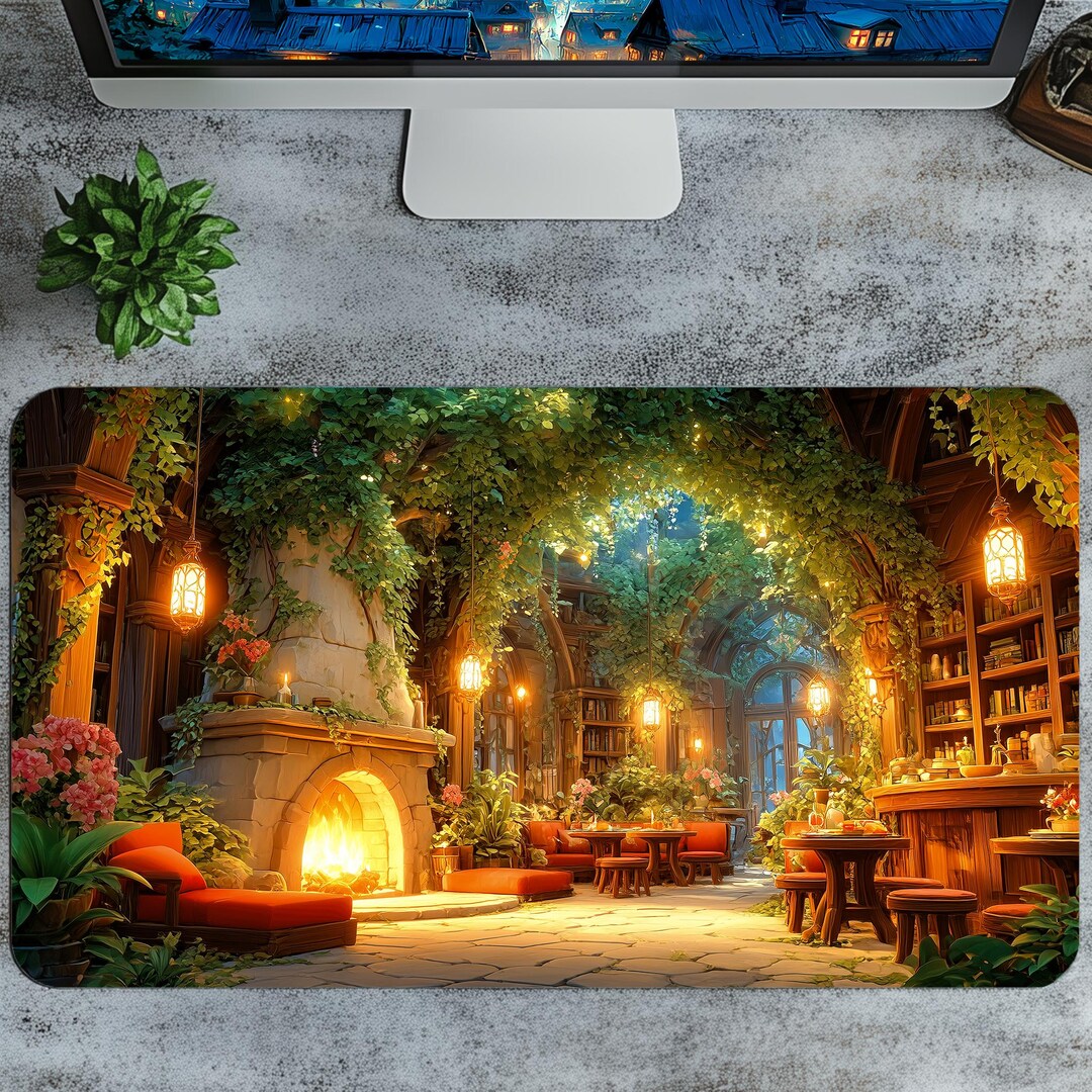 Cozy Fantasy Library Desk Mat - Fireplace Book Nook Decor, Lofi ...