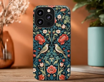 William Morris Green Bird Floral Phone Case - Vintage Symmetrical Botanical Art iPhone, Samsung, Pixel - Gift for Her