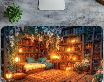 Cozy Book Nook Desk Mat - Dreamy Floral Library Mouse Pad, Soft Light Reading Nook Decor, Aesthetic Gaming Deskpad, Gift For Her
