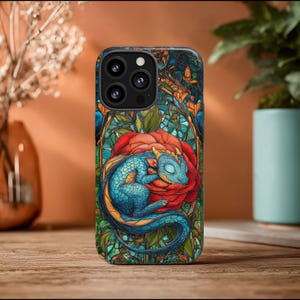 Sleeping Dragon Stained Glass Phone Case - Fantasy Art iPhone Cover, Whimsical Dragon Lover Gift, Floral Gothic Aesthetic, Gift for Her