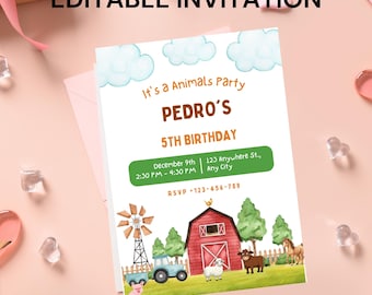 Farm Animals Birthday Invitation, 5x7 Canva Template (Digital Download)