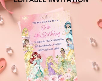 Princess Birthday Invitation: Gold & Pink, EDITABLE Canva Template (Digital Download)