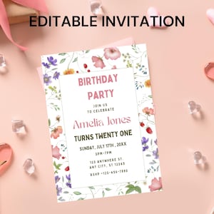 Flower Birthday Invitation Wildflower Birthday invite Floral Woman's Birthday Mother's day Invite CANVA EDITABLE Instant download