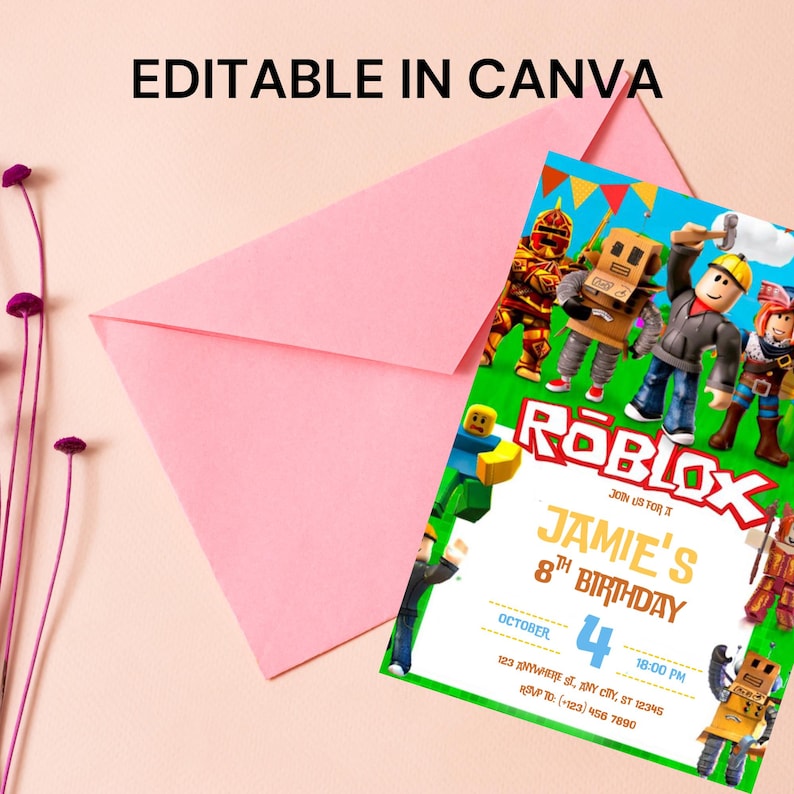 K&ouml;nnte beinhalten: Eine Roblox-Geburtstagseinladung mit dem Text "Jamie's 8th Birthday". Die Einladung befindet sich auf einem gr&uuml;nen Hintergrund, mit einem rosa Umschlag und den Worten "Editable in Canva" oben.