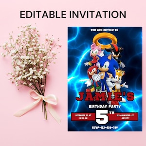 Convite de aniversário editável do Sonic | Modelo de convite para festa do ouriço para impressão | Convite para menino e menina | Convite para download instantâneo