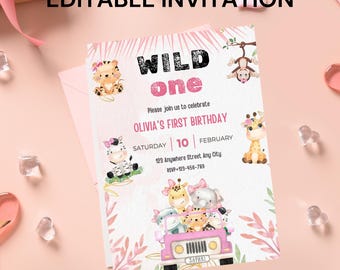 Redigerbar inbjudan till 1-årsdagen för safariflickan (Canva-mall)