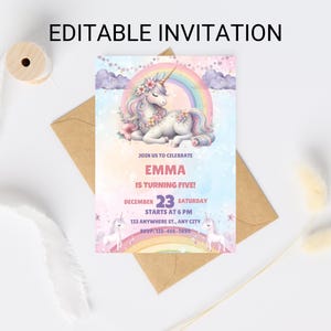 Unicorn Rainbow Girl’s Birthday Party Digital Invitation Template, Pink Unicorn Invite, Printable Digital Woman Electronic Party Invite