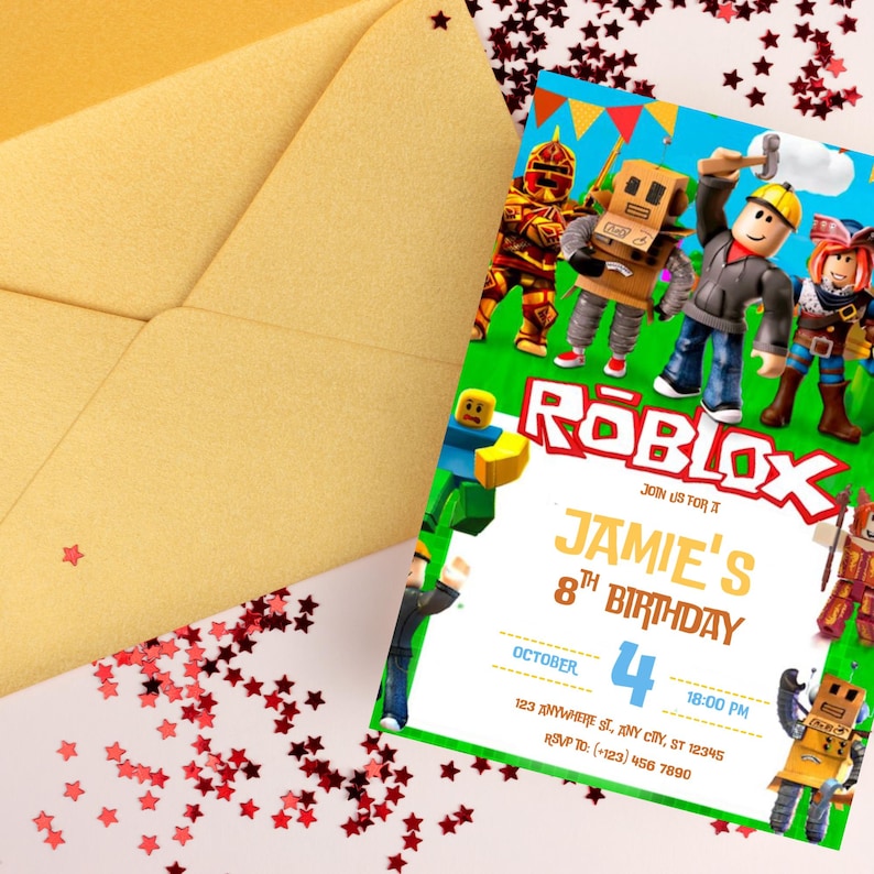 K&ouml;nnte beinhalten: Eine Geburtstagseinladung mit Roblox-Charakteren auf gr&uuml;nem Hintergrund. Die Einladung enth&auml;lt den Text "ROBLOX" und Details f&uuml;r Jamies 8. Geburtstag, einschlie&szlig;lich Datum, Uhrzeit und RSVP-Informationen. Ein Umschlag und sternf&ouml;rmige Konfetti sind ebenfalls vorhanden.