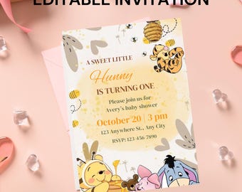 Winnie the Pooh Baby Shower Invitation, Boho Floral (Editable Template)