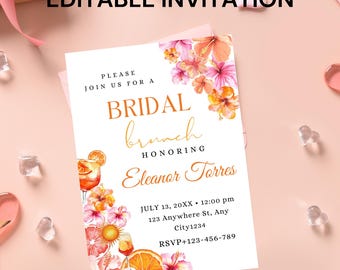 Citrus Bridal Brunch Invitation Template: Floral Orange & Pink (Canva Editable, Digital Download)